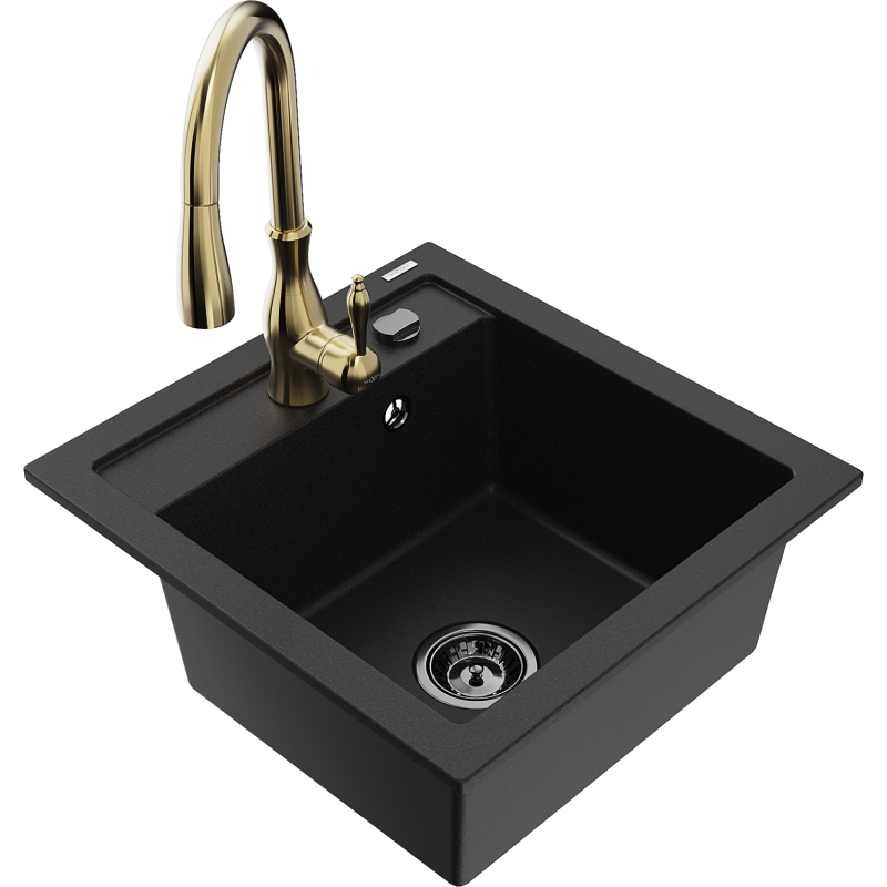 Mexen Vito vienos plautuvės granitinė kriauklė su virtuviniu maišytuvu Savita, juoda - 6503-77-672601-50-B