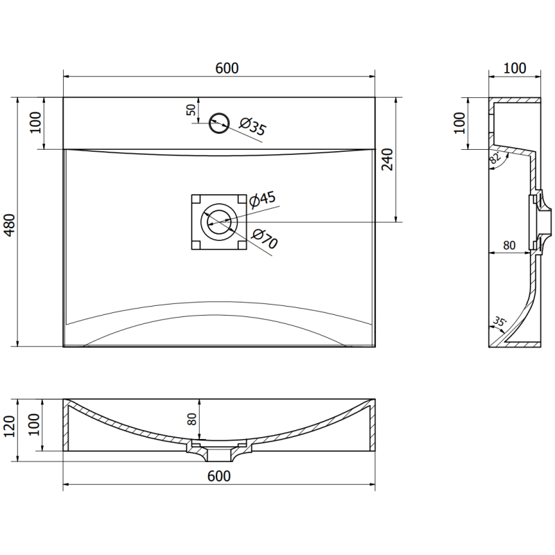 Mexen Poli stalviršio praustuvas iš konglomerato 1/O 60 x 48 cm, juodas - 23026071