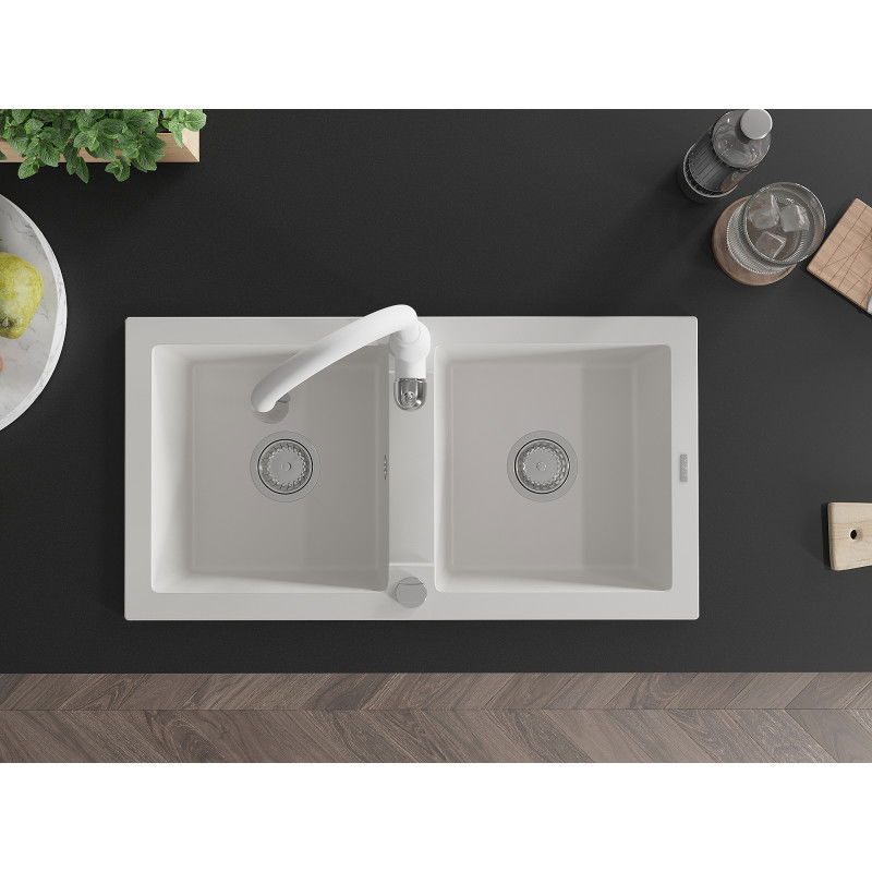 Mexen Mario akmens masė plautuvė dviejų skyrių su virtuviniu maišytuvu Savita, balta - 6504-20-672601-20