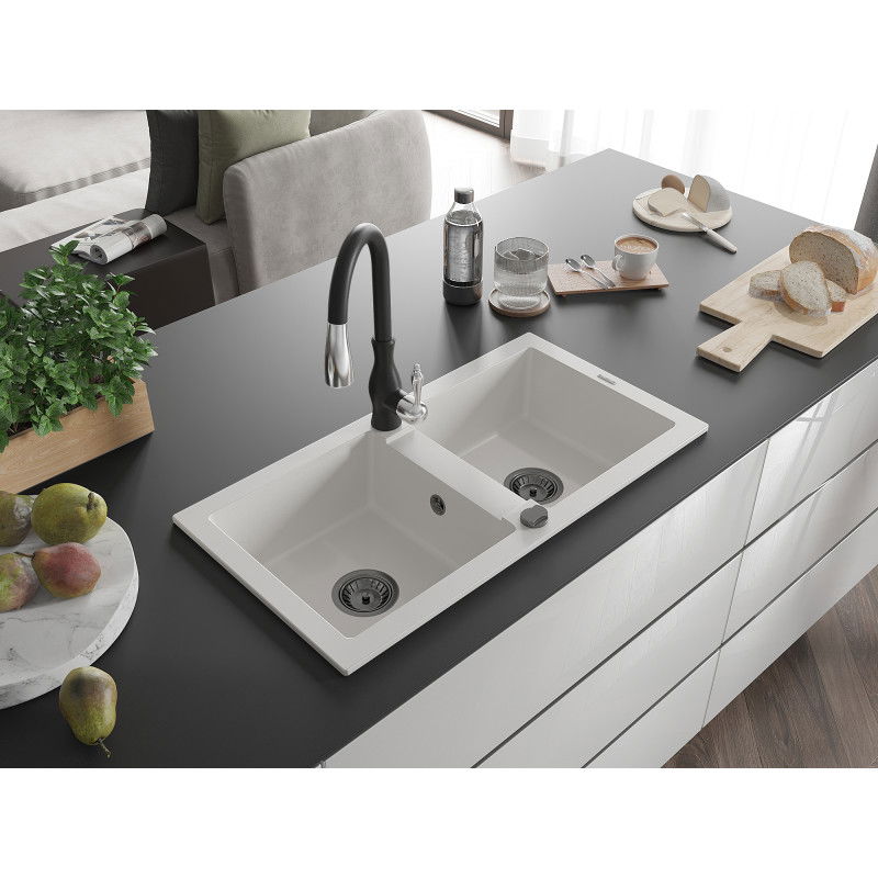 Mexen Mario granito plautuvė dviejų kamerų su virtuviniu maišytuvu Savita, balta - 6504-20-672601-70