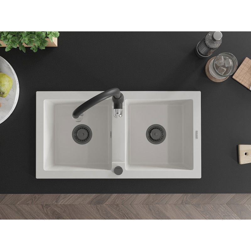 Mexen Mario granito plautuvė dviejų kamerų su virtuviniu maišytuvu Savita, balta - 6504-20-672601-70