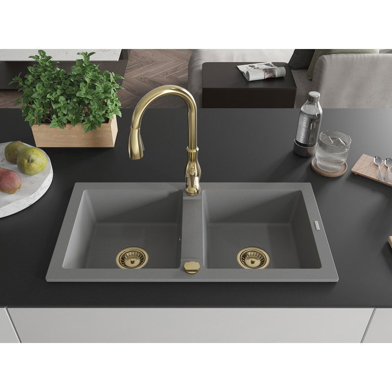 Mexen Mario granitinis dviejų skyrių kriauklė su virtuviniu maišytuvu Savita, pilka - 6504-71-672601-50