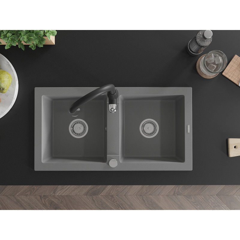 Mexen Mario dviejų skyrių granito plautuvė su virtuviniu maišytuvu Savita, pilka - 6504-71-672601-70