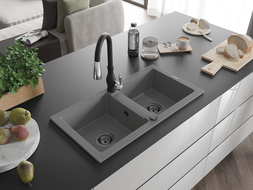 Mexen Mario granito kriauklė su 2 skyreliais ir virtuviniu maišytuvu Savita, pilka - 6504-71-672601-70-B