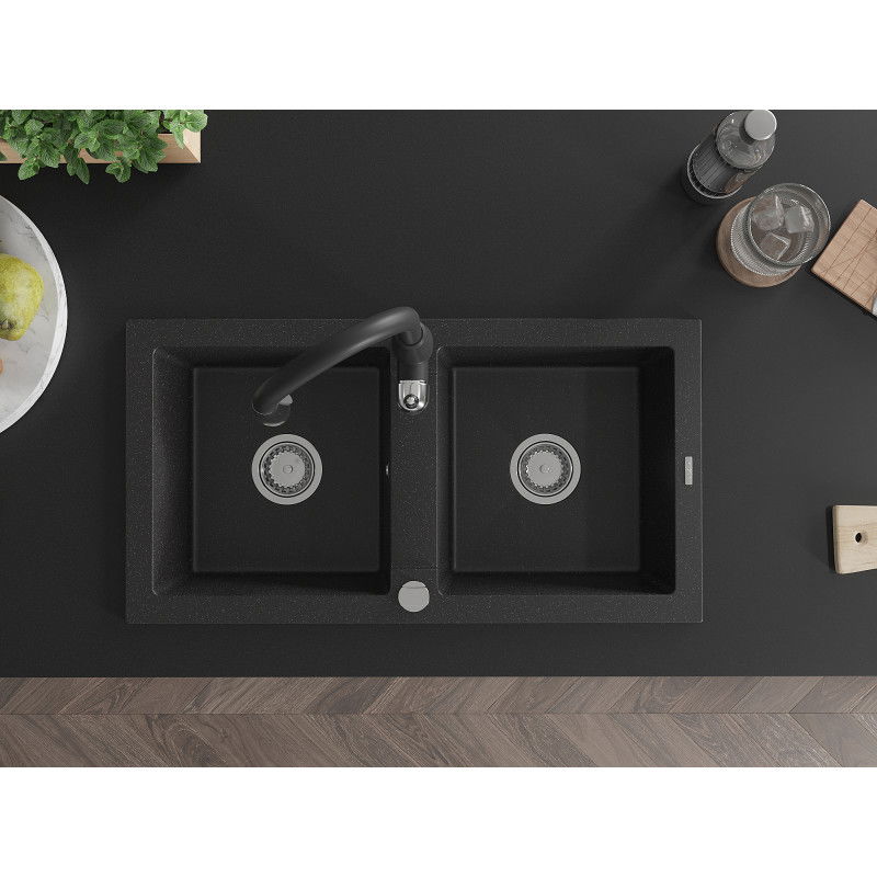 Mexen Mario granitinė dviejų skyrių kriauklė su Savita virtuvės maišytuvu, juoda/sidabrinis metalikas - 6504-73-672601-70