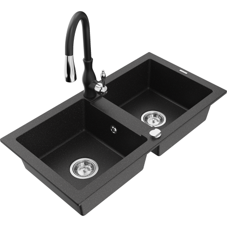 Mexen Mario granitinė dviejų skyrių kriauklė su Savita virtuvės maišytuvu, juoda/sidabrinis metalikas - 6504-73-672601-70