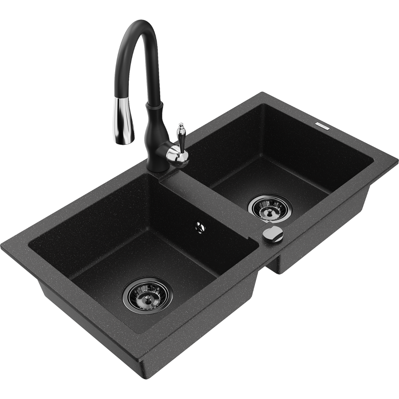 Mexen Mario granitinė dviejų skyrių plautuvė su Savita maišytuvu, juoda/sidabro metalo spalvos - 6504-73-672601-70-B