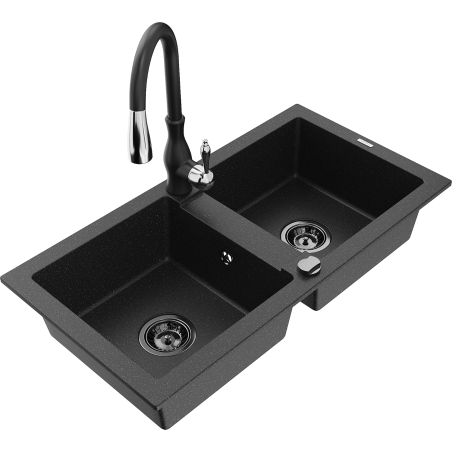 Mexen Mario granitinė dviejų skyrių plautuvė su Savita maišytuvu, juoda/sidabro metalo spalvos - 6504-73-672601-70-B