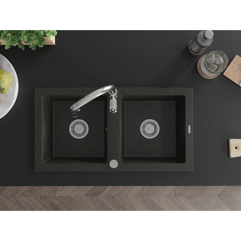 Mexen Mario dviejų skylių granitinė plautuvė su virtuvės maišytuvu Savita, juodas/auksinis metalikas - 6504-75-672601-00