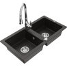 Mexen Mario granitinė dviejų skyrių virtuvės plautuvė su kranu Savita, juoda/auksinė metalika - 6504-75-672601-00