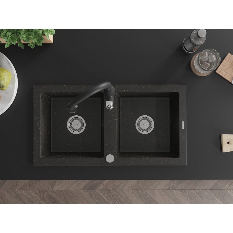 Mexen Mario granitinė 2 skyrių kriauklė su virtuviniu maišytuvu Savita, juoda/auksinė metalika - 6504-75-672601-70
