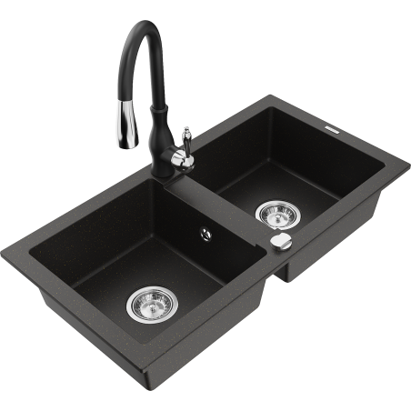 Mexen Mario granitinė 2 skyrių kriauklė su virtuviniu maišytuvu Savita, juoda/auksinė metalika - 6504-75-672601-70