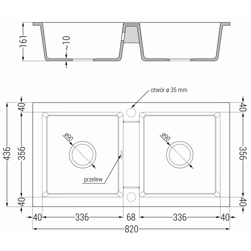 Mexen Mario granitinė 2 skyrių kriauklė su virtuviniu maišytuvu Savita, juoda/auksinė metalika - 6504-75-672601-70