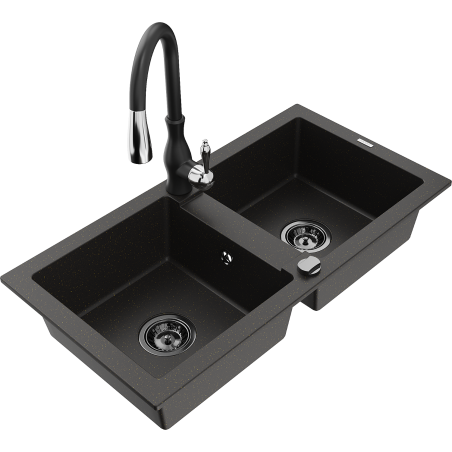 Mexen Mario 2 kamerų granitinė kriauklė su virtuviniu maišytuvu Savita, juoda/auksinė metalika - 6504-75-672601-70-B