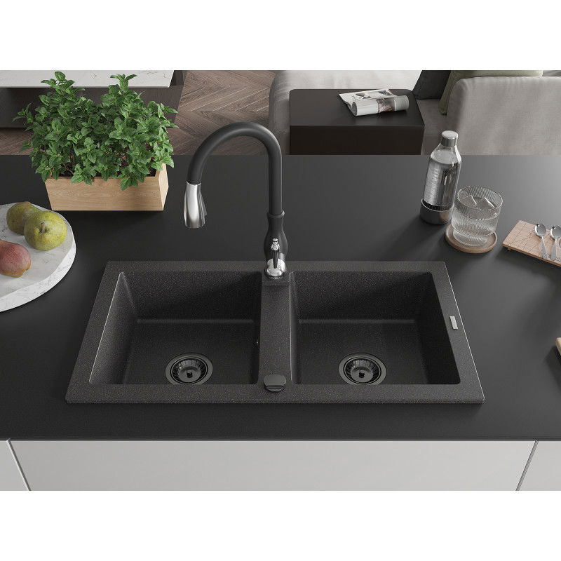 Mexen Mario dviejų skylių granito kriauklė su virtuviniu maišytuvu Savita, juoda taškuota - 6504-76-672601-70-B
