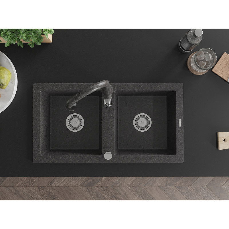 Mexen Mario granitinė virtuvės kriauklė su 2 skyriais ir virtuviniu maišytuvu Savita, juoda dėmėta - 6504-76-672601-76