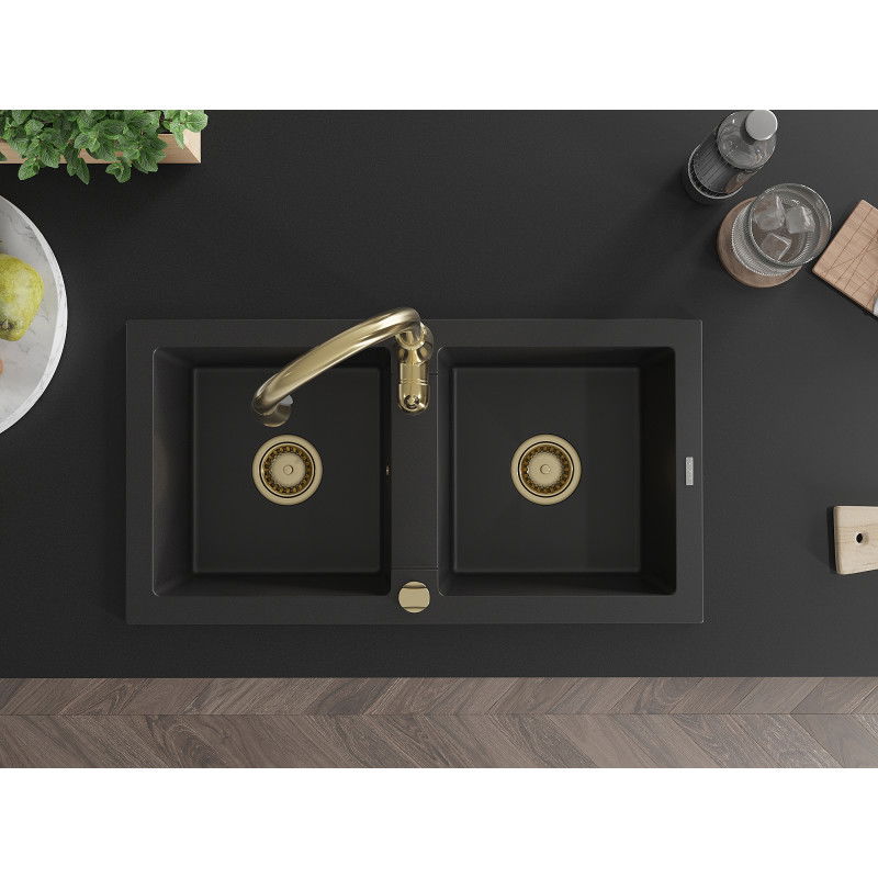 Mexen Mario granitinis dviejų skylių plautuvas su virtuviniu maišytuvu Savita, juodas - 6504-77-672601-50