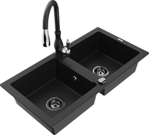 Mexen Mario granitinė dviejų skyrių plautuvė su virtuviniu maišytuvu Savita, juodos spalvos - 6504-77-672601-70-B