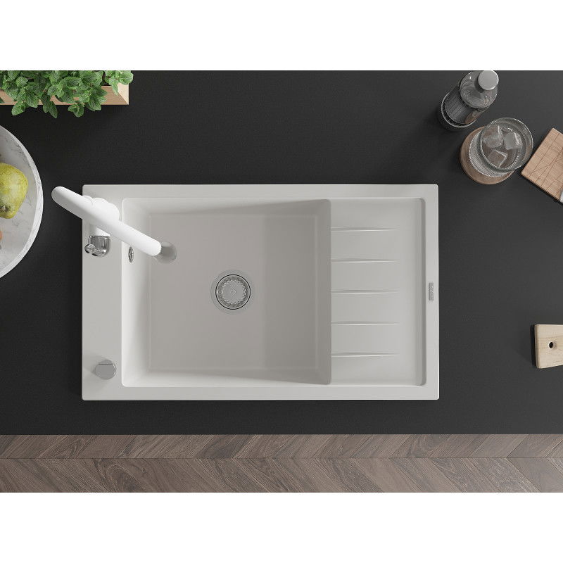 Mexen Elias vientisas granitinis plautuvas su indaplove ir virtuviniu maišytuvu Savita, baltas - 6511-20-672601-20