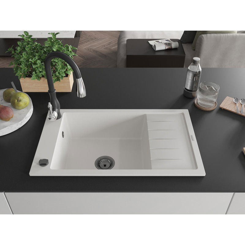 Mexen Elias granito plautuvė 1-sekcinė su lašėjimo loveliu ir virtuviniu maišytuvu Savita, balta - 6511-20-672601-70