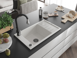 Mexen Elias granito plautuvė 1-sekcinė su lašėjimo loveliu ir virtuviniu maišytuvu Savita, balta - 6511-20-672601-70