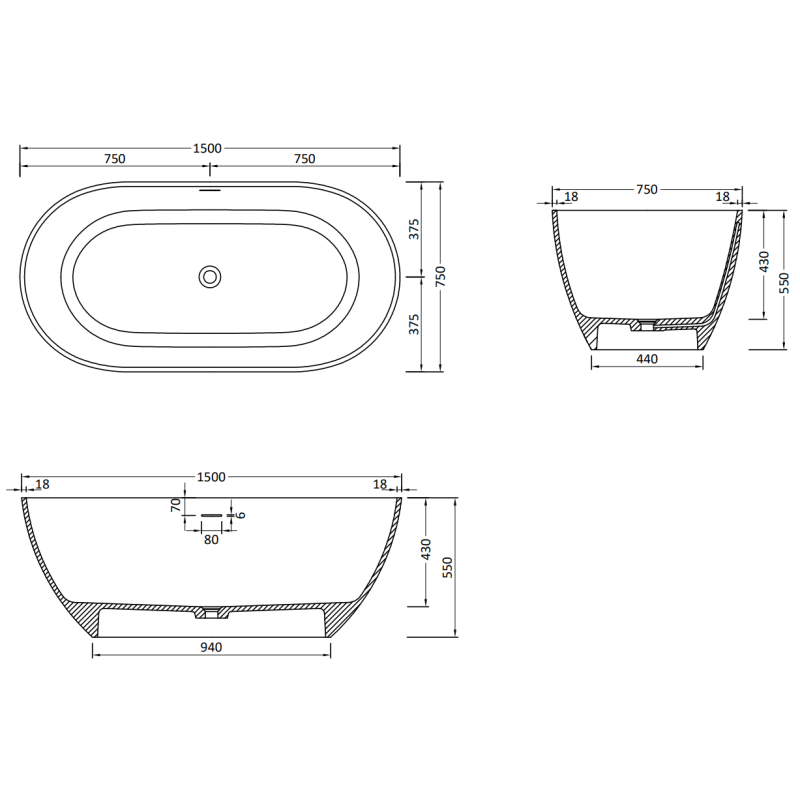 Mexen Rimini laisvai pastatoma vonia iš konglomerato 150 x 75 cm, balta matinė - 57241507500