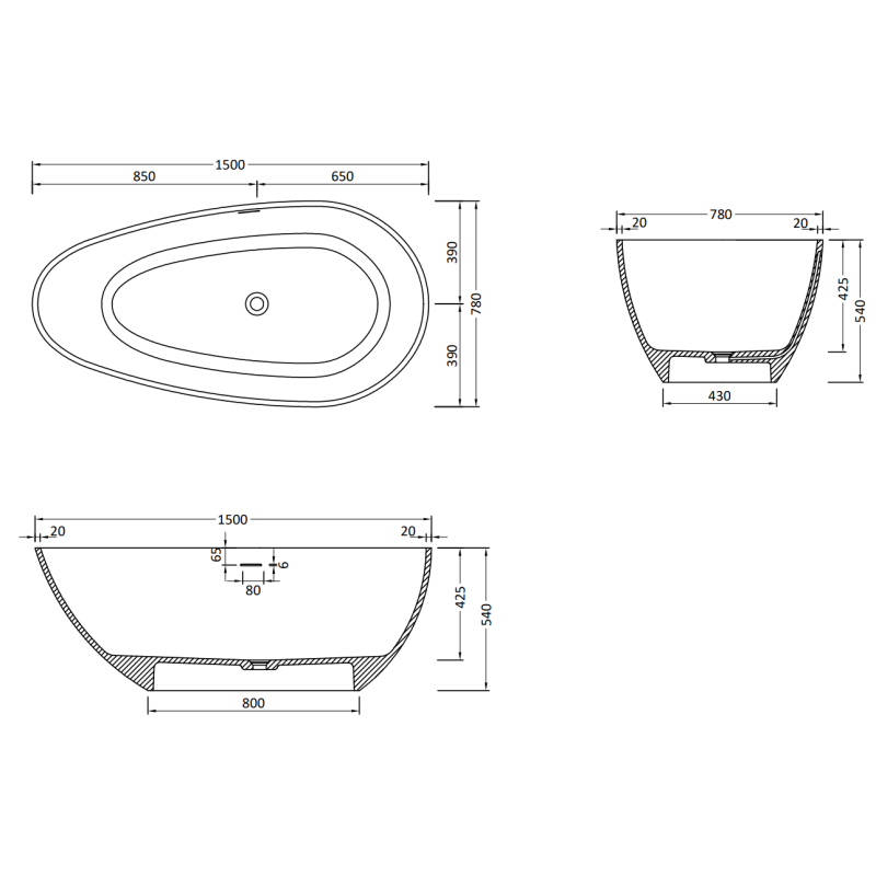 Mexen Palermo laisvai pastatoma akmens masės vonia 150 x 78 cm, balta matinė - 57211507800