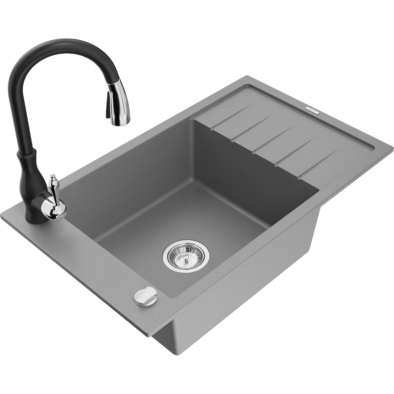 Mexen Elias granitinė vienos dalies plautuvė su nutekėjimo lėktuvu ir virtuvės maišytuvu Savita, pilka - 6511-71-672601-70