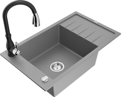 Mexen Elias granitinė vienos dalies plautuvė su nutekėjimo lėktuvu ir virtuvės maišytuvu Savita, pilka - 6511-71-672601-70