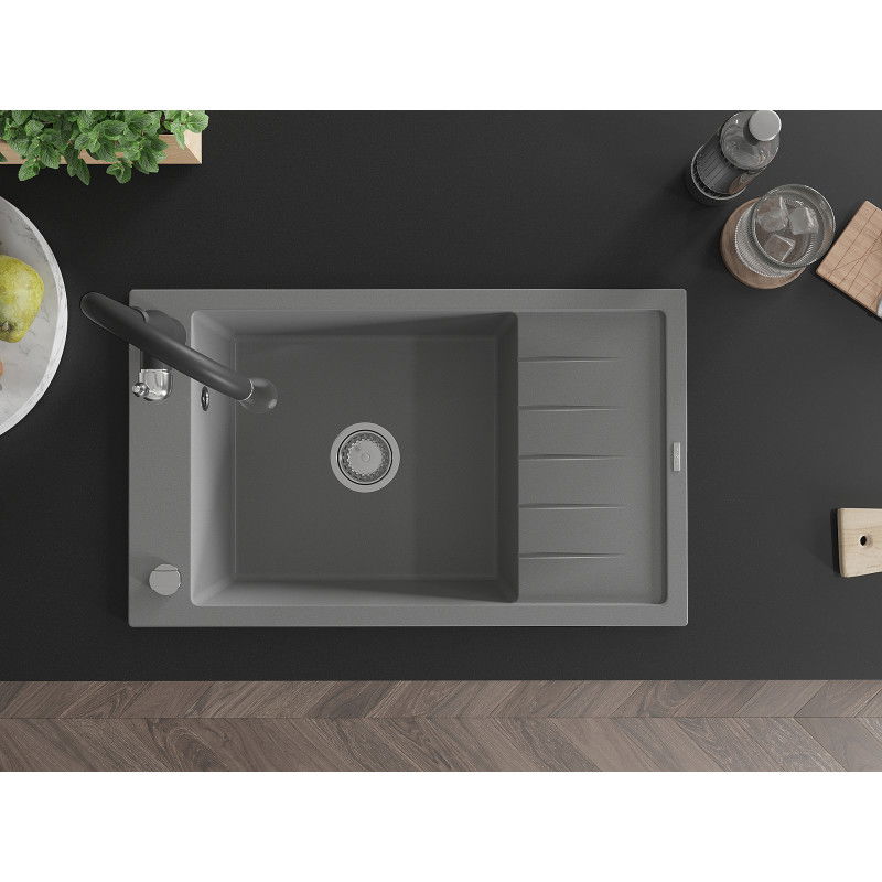Mexen Elias granitinė vienos dalies plautuvė su nutekėjimo lėktuvu ir virtuvės maišytuvu Savita, pilka - 6511-71-672601-70