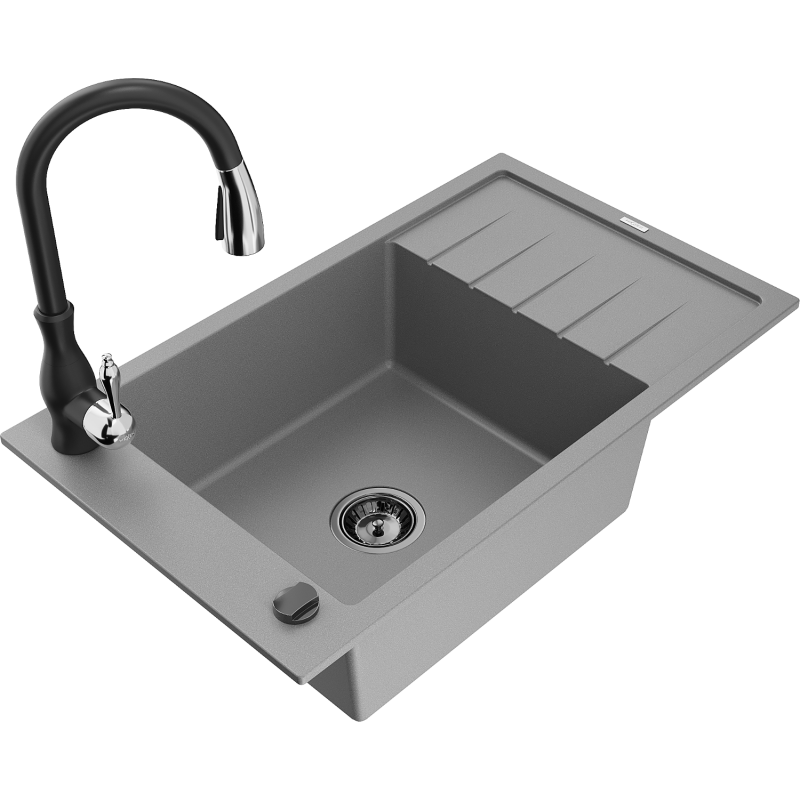Mexen Elias granitinė plautuvė 1-dubens su nusausintoju ir virtuviniu maišytuvu Savita, pilkas - 6511-71-672601-70-B