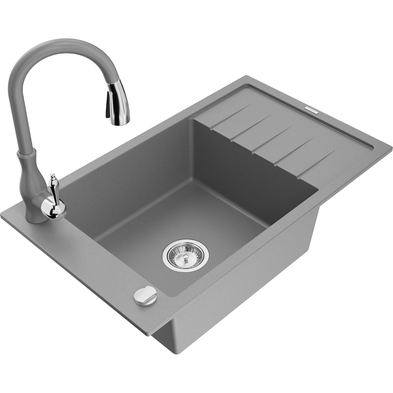 Mexen Elias 1 kamerėlių granito plautuvė su nutekamuoliu ir virtuviniu maišytuvu Savita, pilkas - 6511-71-672601-71