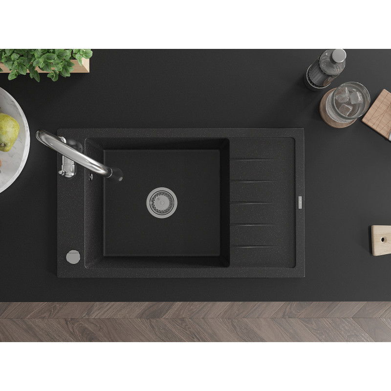 Mexen Elias granitinė vienos kameros plautuvė su nusausinimo vieta ir virtuviniu maišytuvu Savita, juoda/sidabrinė metaliko