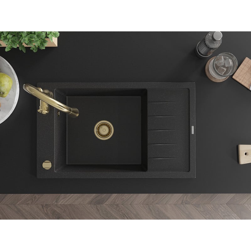 Mexen Elias granitinė vienos kompakto kriauklė su nuvarvėjimo lentyna ir virtuviniu maišytuvu Savita, juoda/sidabrinė