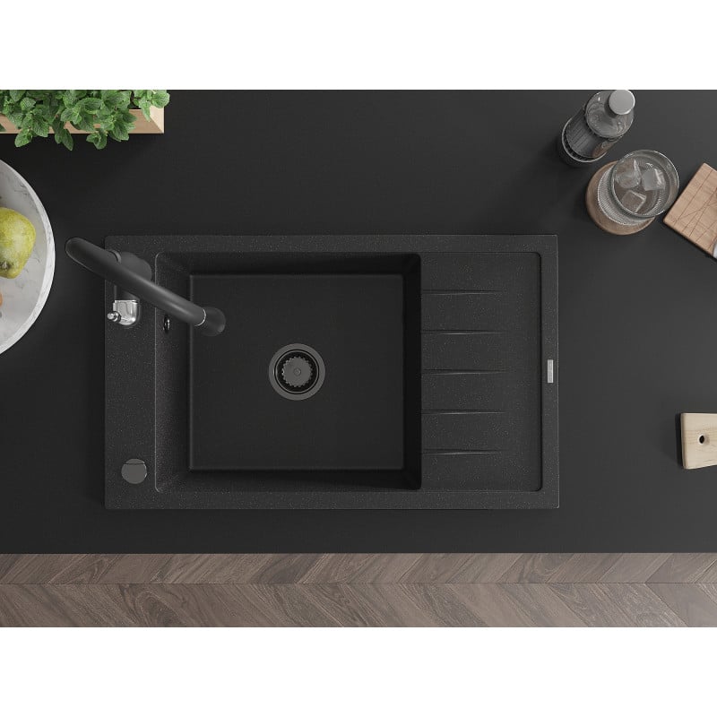 Mexen Elias granitinė virtuvės kriauklė su viena kamera, varvekliu ir virtuvės maišytuvu Savita, juodas/sidabrinis