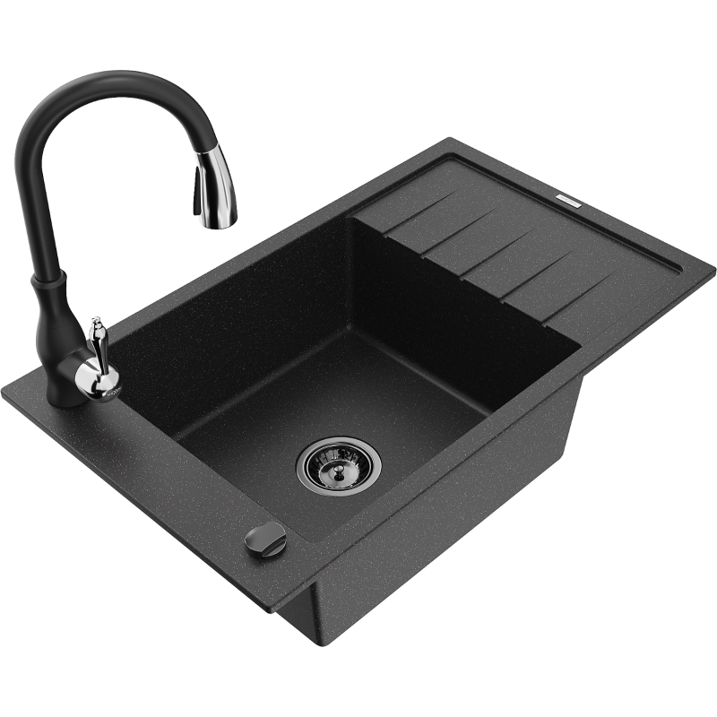 Mexen Elias granitinė virtuvės kriauklė su viena kamera, varvekliu ir virtuvės maišytuvu Savita, juodas/sidabrinis