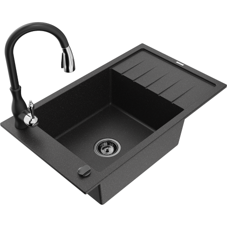 Mexen Elias granitinė virtuvės kriauklė su viena kamera, varvekliu ir virtuvės maišytuvu Savita, juodas/sidabrinis