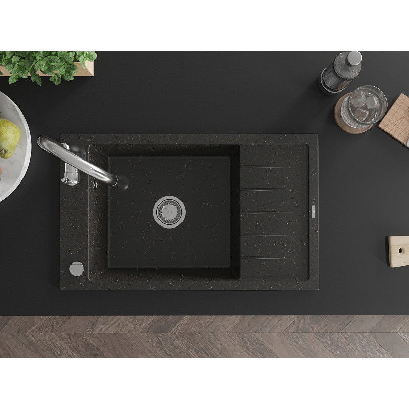 Mexen Elias granitinė vienos kameros kriauklė su nusausintuvu ir virtuvės maišytuvu Savita, juodas/auksinis metalikas