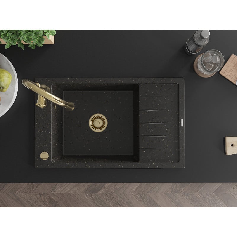 Mexen Elias granitinė vienos plautuvės kriauklė su nusausinimo plokšte ir virtuviniu maišytuvu Savita, juoda/auksinis