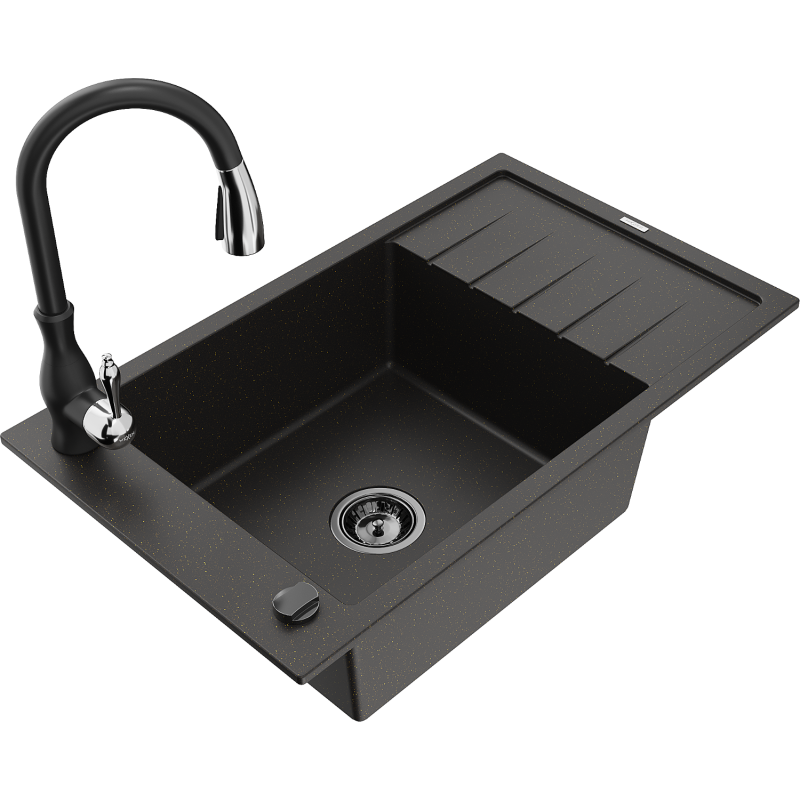 Mexen Elias granitinė vienos kameros plautuvė su nuvarvėjimo lenta ir virtuviniu maišytuvu Savita, juoda/auksinė metalo