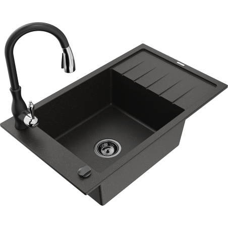 Mexen Elias granitinė vienos kameros plautuvė su nuvarvėjimo lenta ir virtuviniu maišytuvu Savita, juoda/auksinė metalo