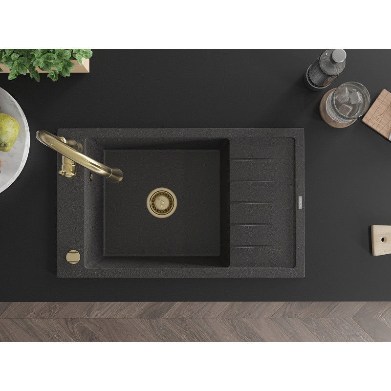 Mexen Elias granitinė vieno dubens kriauklė su nuvarvėtu ir Savita virtuviniu maišytuvu, juodas dėmėtas - 6511-76-672601-50
