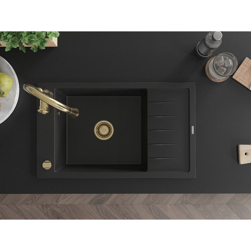 Mexen Elias granitinis plautuvė 1-dubens su nusausinimo elementu ir virtuvės maišytuvu Savita, juoda - 6511-77-672601-50