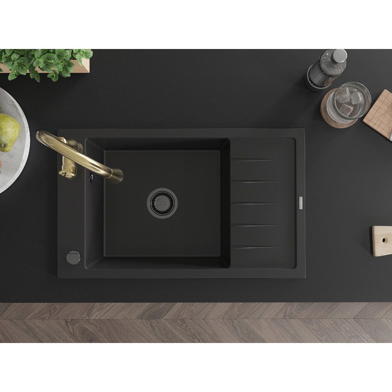 Mexen Elias granito plautuvė su vienu dubeniu ir drenažu bei virtuviniu maišytuvu Savita, juoda - 6511-77-672601-50-B