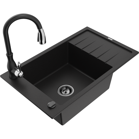 Mexen Elias granitinė vienos kameros plautuvė su nutekėjimu ir virtuviniu maišytuvu Savita, juoda - 6511-77-672601-70-B