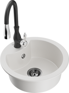 Mexen Diego granito kriauklė su viena plautuve ir virtuviniu maišytuvu Savita, balta - 6512-20-672601-70