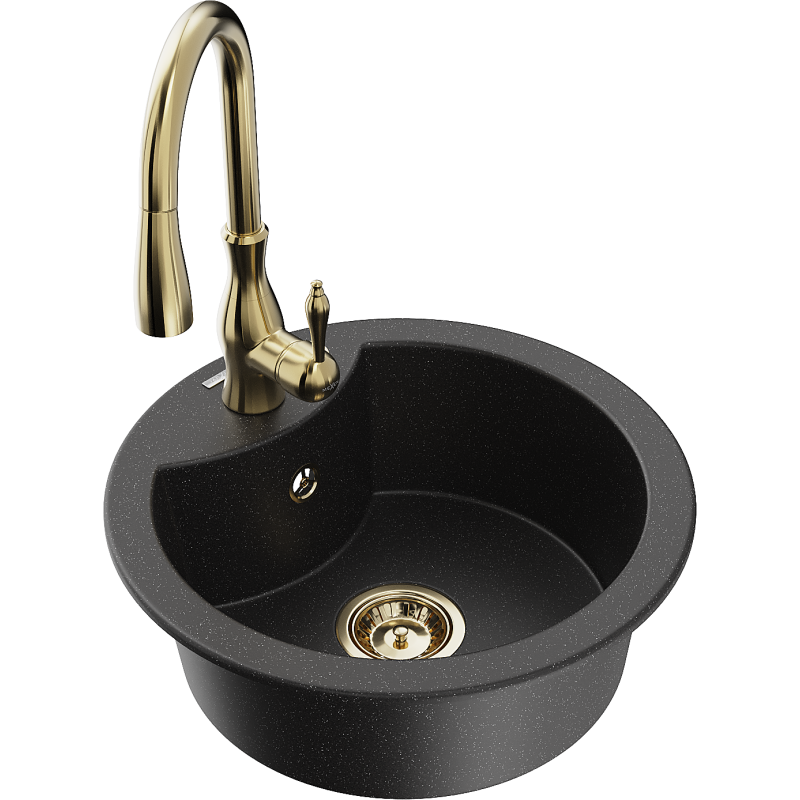 Mexen Diego granitinė vienos kameros plautuvė su Savita virtuvės maišytuvu, juoda/sidabro metalo - 6512-73-672601-50