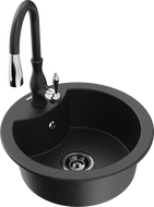 Mexen Diego granitinė vienos kameros kriauklė su Savita virtuviniu maišytuvu, juodas/sidabrinis metalikas - 6512-73-672601-70-B