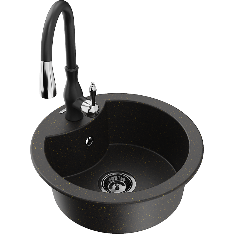 Mexen Diego vienos sekcijos granito plautuvė su virtuviniu čiaupu Savita, juoda/auksinis metalikas - 6512-75-672601-70-B