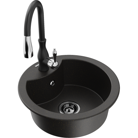 Mexen Diego vienos sekcijos granito plautuvė su virtuviniu čiaupu Savita, juoda/auksinis metalikas - 6512-75-672601-70-B